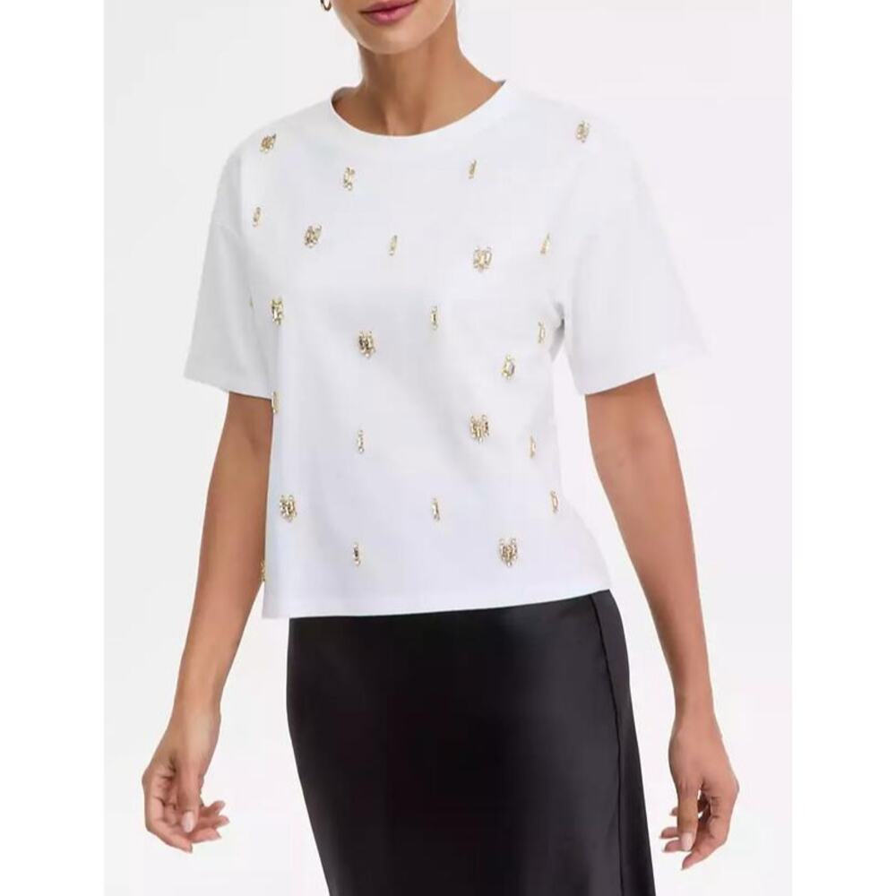 INC International Women's Cotton Embellished Tee  White M